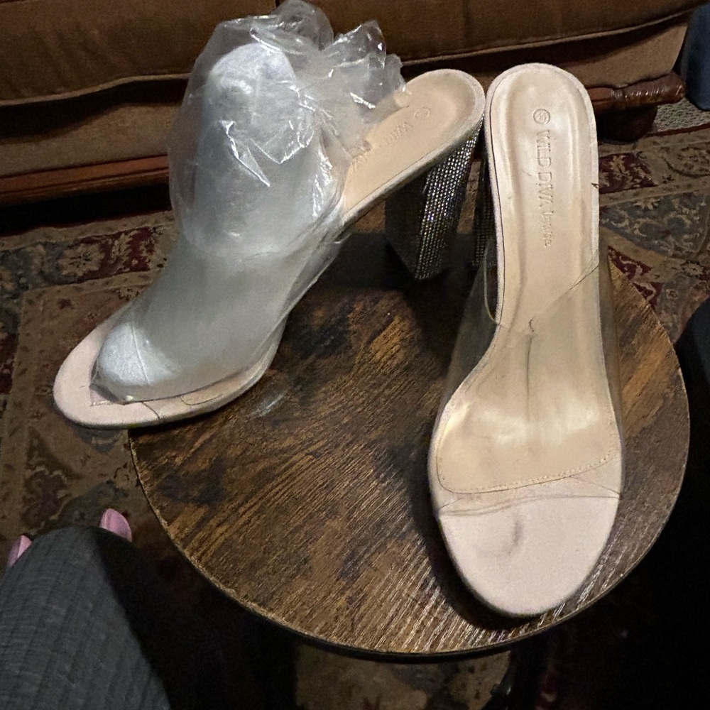 Wild Diva Nude Clear Upper Mule Heels with Rhinestone Block Heel